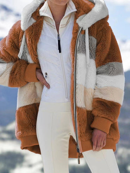 Autumn And Winter Warm Plush Patchwork Zipper Pocket Hooded Loose Coat Women
