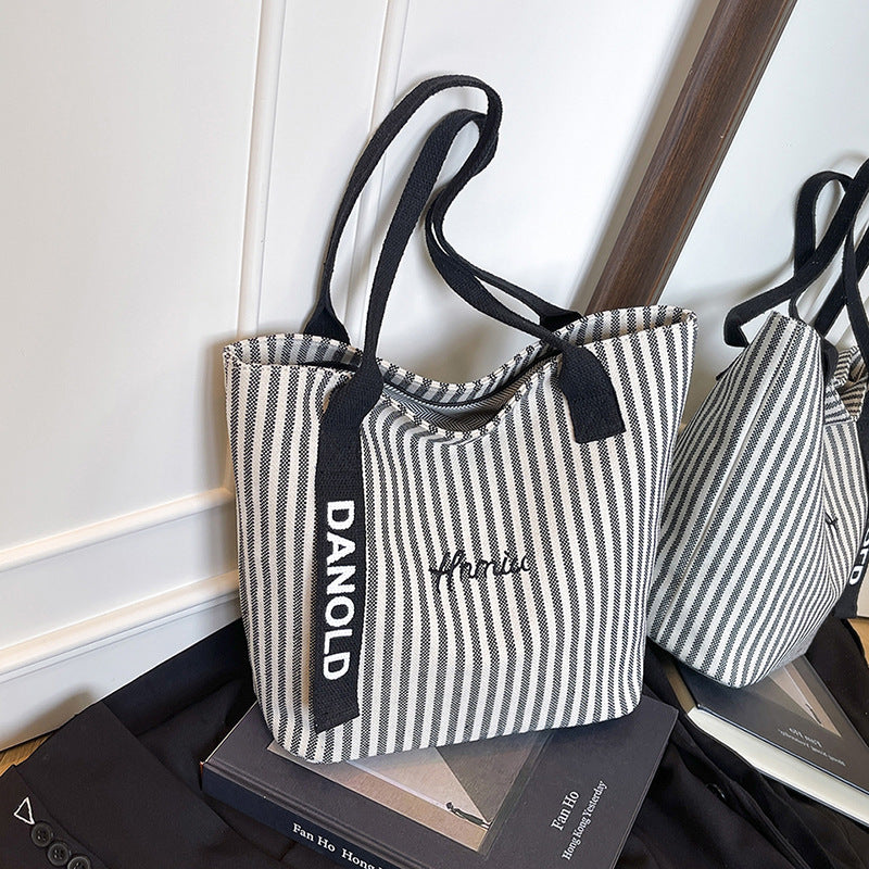 Stylish Stripe Canvas Tote Bag Large Capacity Casual Commuter Bag