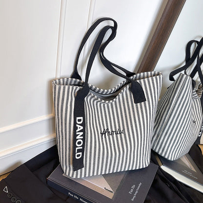 Stylish Stripe Canvas Tote Bag Large Capacity Casual Commuter Bag