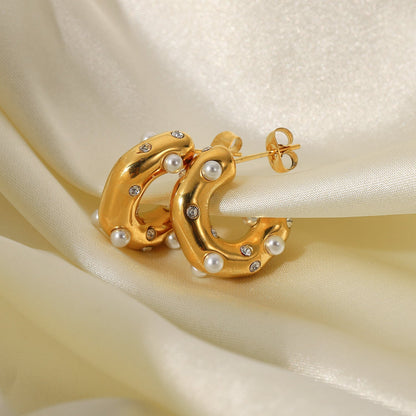 Colorful Zircon Pearl C-Shaped Stud Earrings
