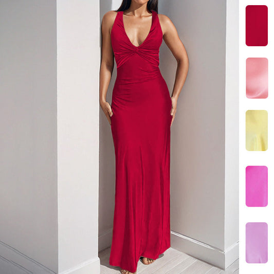 Elegant V-Neck Ruched Bodycon Maxi Dress