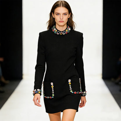 Fashionable Long Sleeve Beaded Dress With Colorful Gems