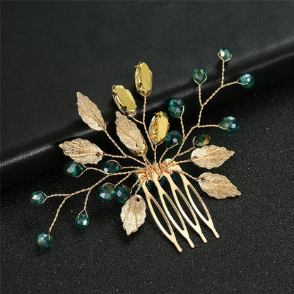 Green Crystal Gold Leaf Wedding Hair Comb