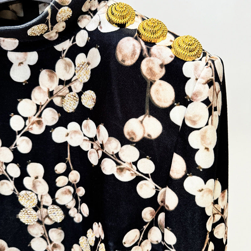 Velvet Long Sleeve Dress With Beaded Floral Print