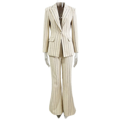 Fashionable Striped Blazer And Pants Set - All-Season Ensemble