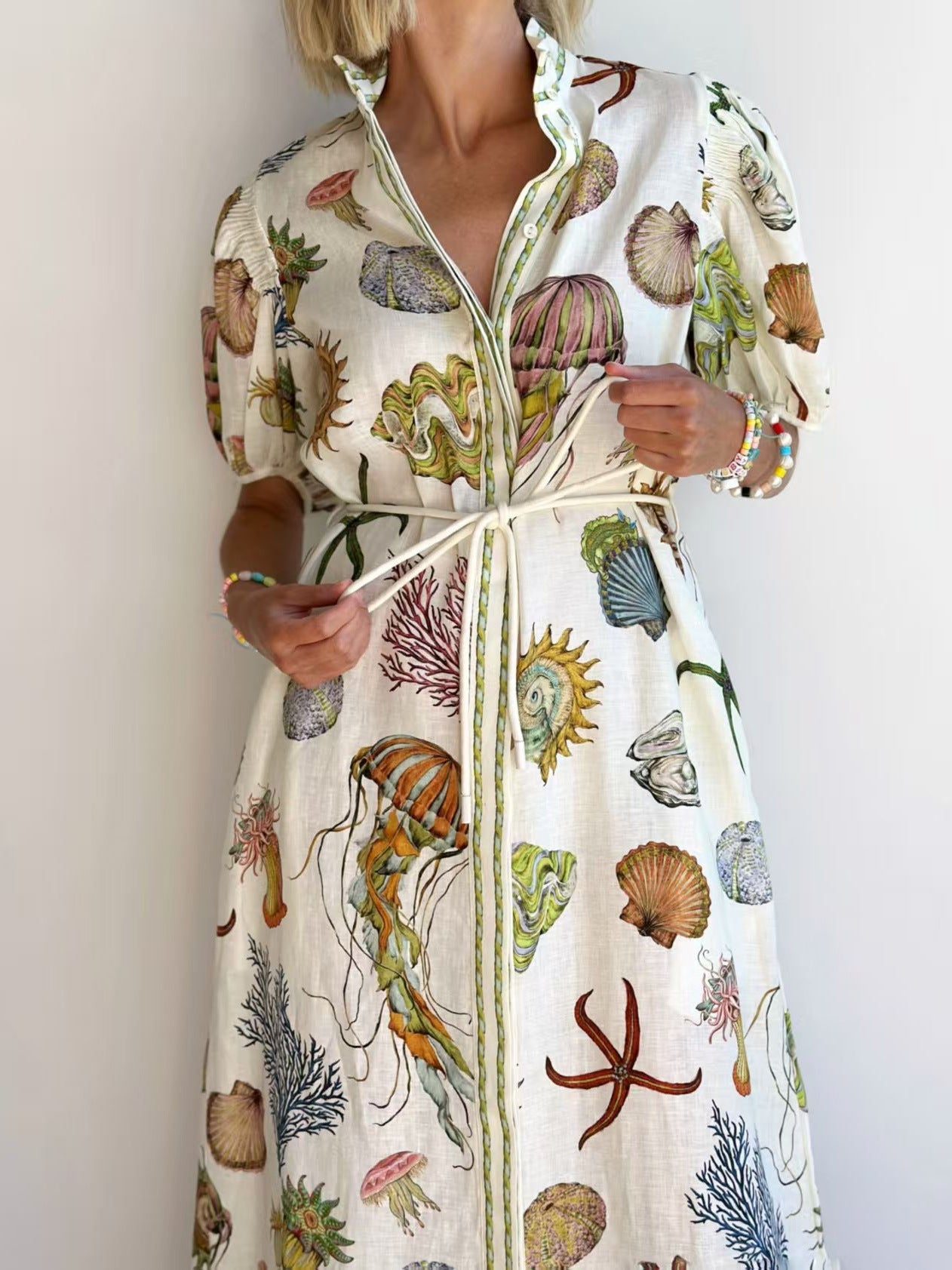Casual Elegant Animal Pattern Linen Dress with Stand Collar