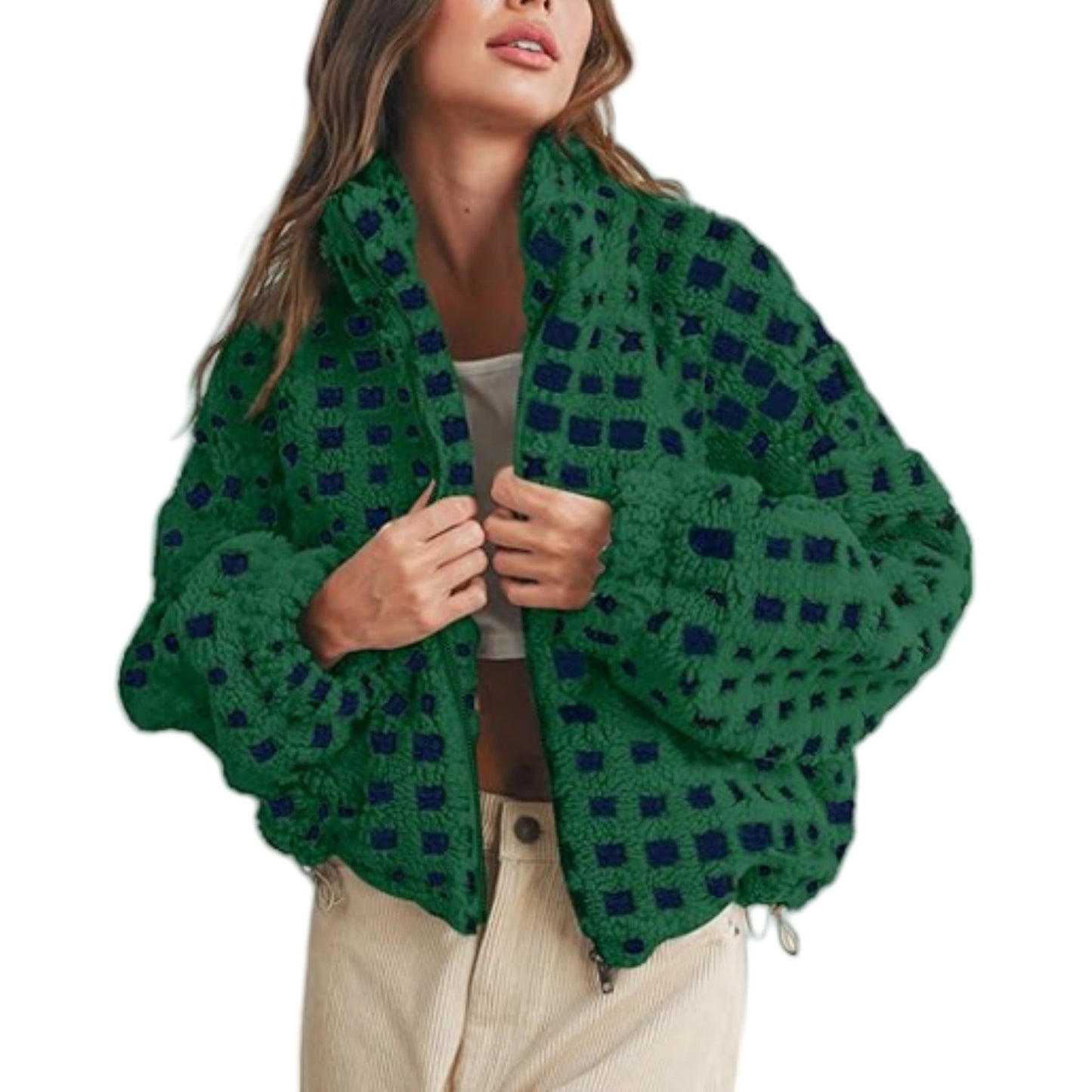 Color Block Plaid Stand Collar Shearling Jacket