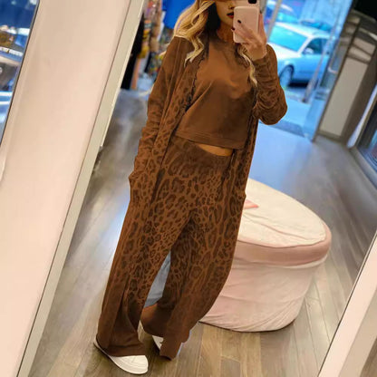 Leopard Print Long Sleeve Cardigan Set with Pants