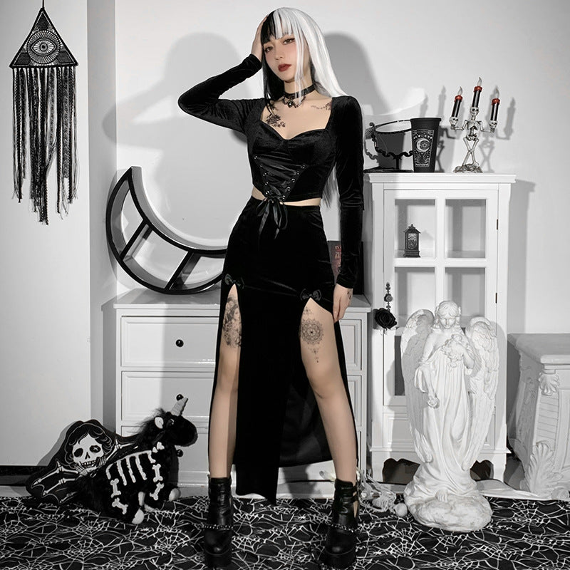 Punk Style High Waist Split Maxi Skirt with Bow