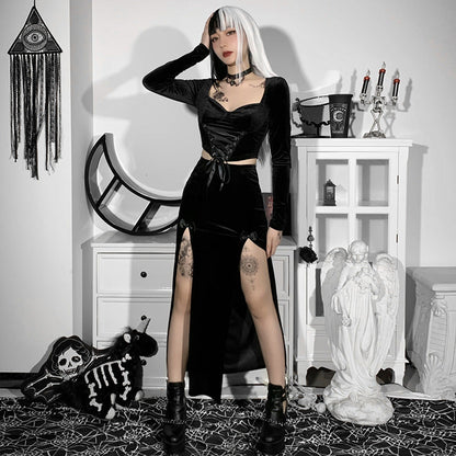 Punk Style High Waist Split Maxi Skirt with Bow