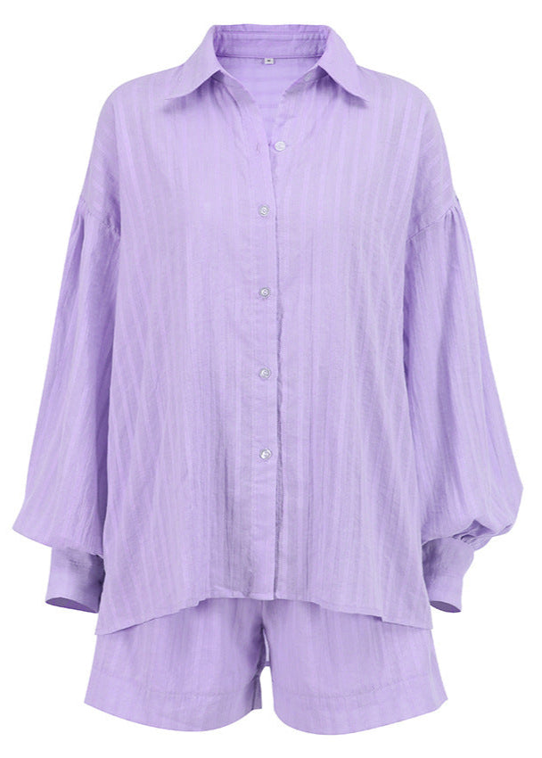 Striped Cotton Shirt And Shorts Set Purple
