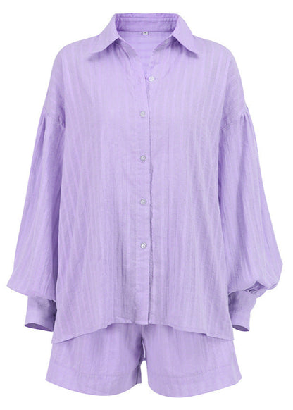Striped Cotton Shirt And Shorts Set Purple