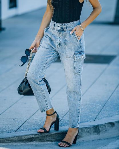 Trendy High-Waisted Light Blue Cargo Jeans