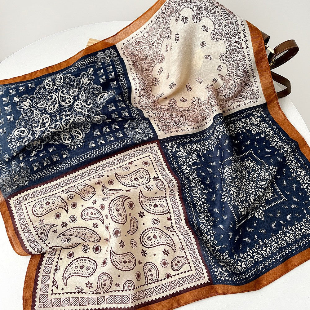 Splicing Print Vintage Square Silk Scarf