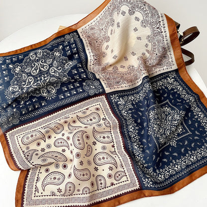 Splicing Print Vintage Square Silk Scarf