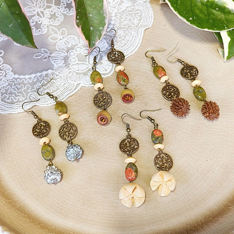 Vintage Leaf Design Handmade Earrings with Natural Green Stone