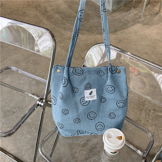 Vintage Corduroy Smiley Face Shoulder Tote Bag