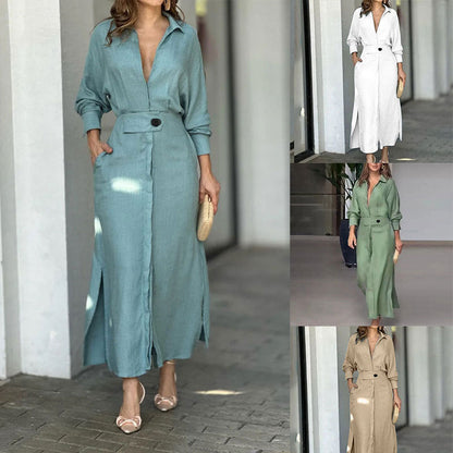 Women's Elegant V-Neck Maxi Dress with Belted Waist