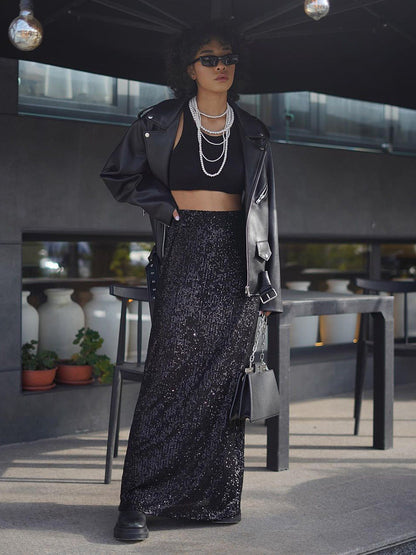 Sequin Maxi Skirt Stylish Casual Streetwear