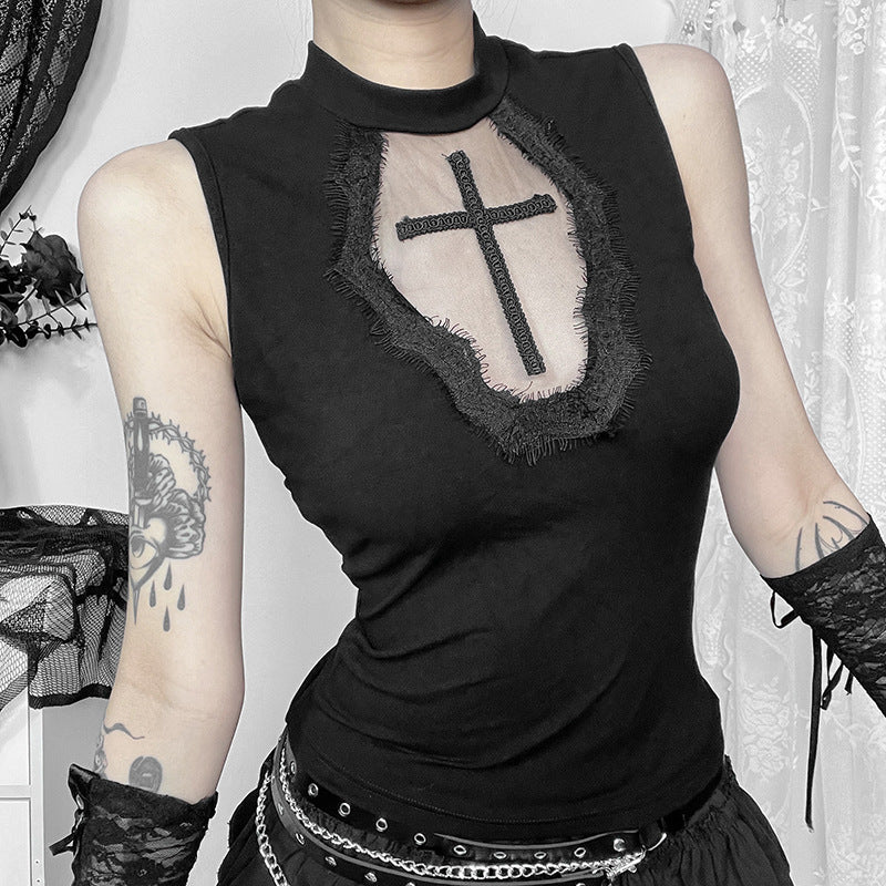 Women's Casual Cross Design Black Tank Top