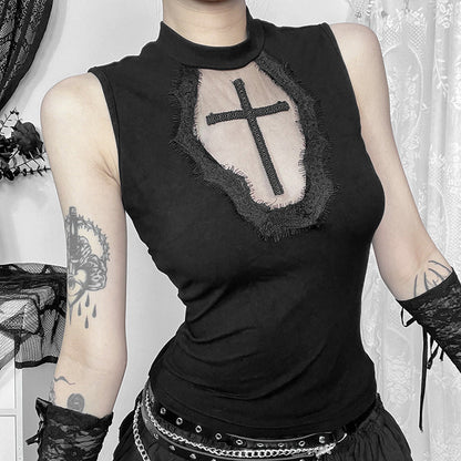 Women's Casual Cross Design Black Tank Top