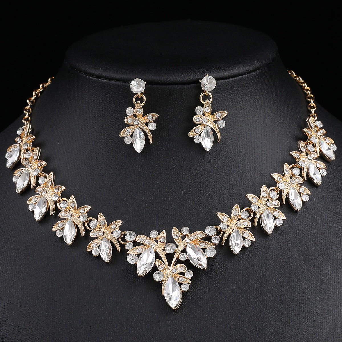 Dragonfly Jewelry Set - Alloy And Crystal Earrings And Necklace