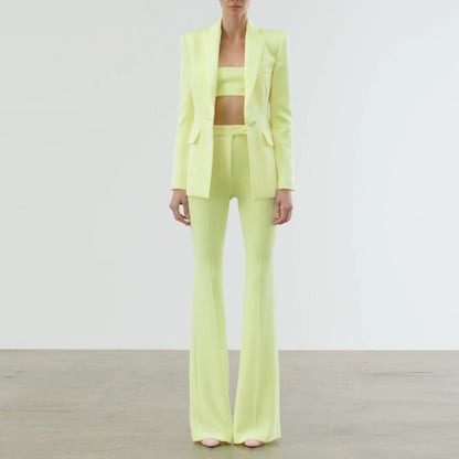 Fashionable Blazer And Flare Pant Set In Soft Yellow
