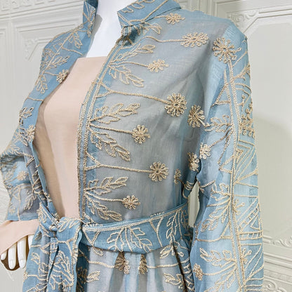 Elegant Long Sleeve Embroidered Dress with Cardigan