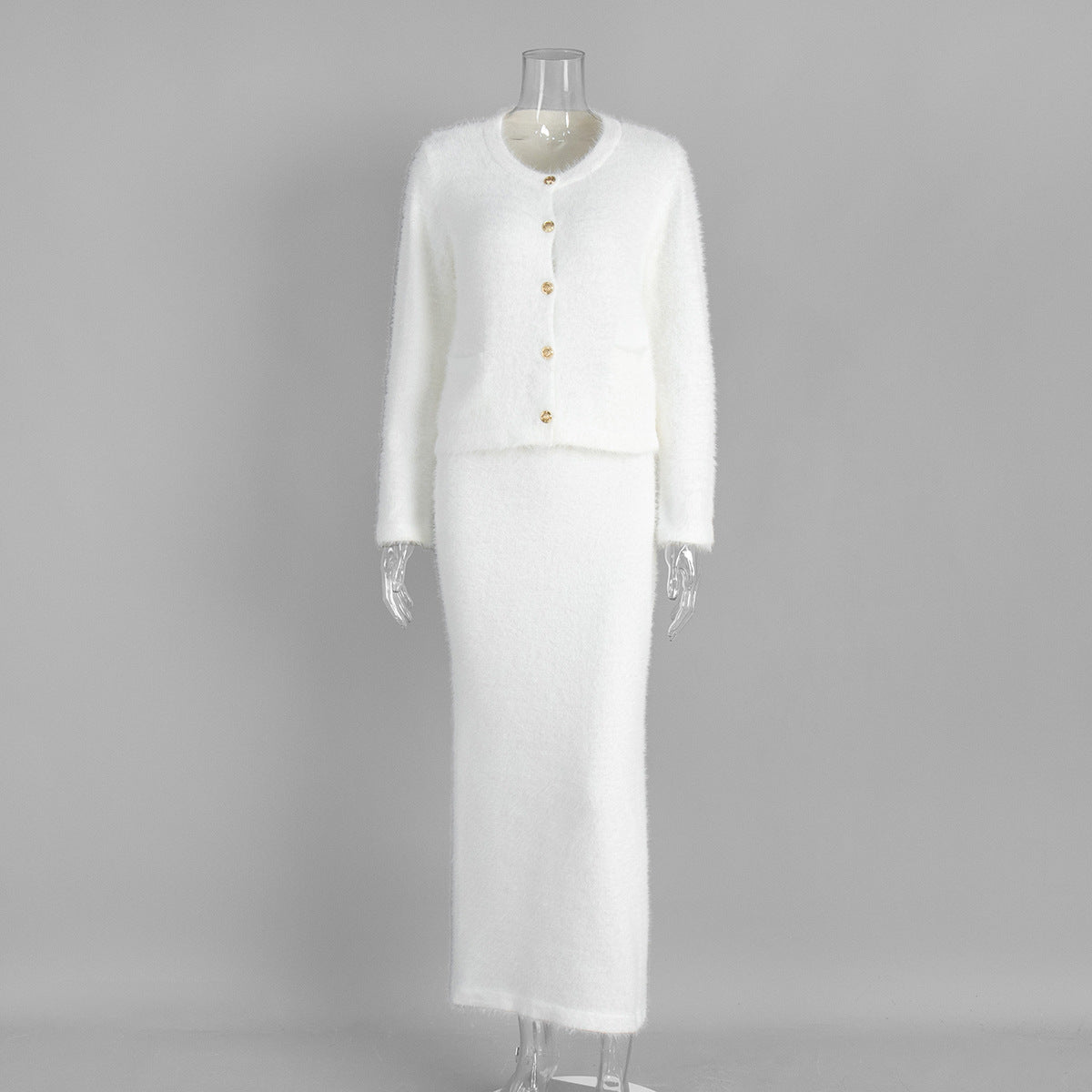 Elegant Long Sleeve Cardigan And Skirt Set - White