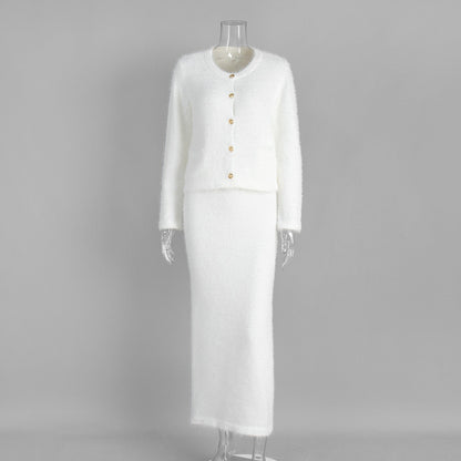 Elegant Long Sleeve Cardigan And Skirt Set - White