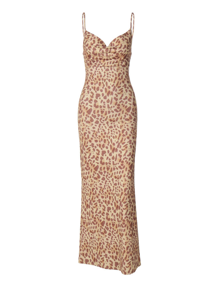 Sensual Leopard Print V-Neck Backless Maxi Slip Dress