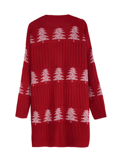 Trendy Embroidery Christmas Tree Knit Long Cardigan
