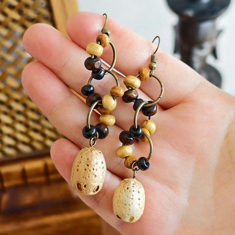 Botanical Pattern Wooden Bead Dangle Earrings