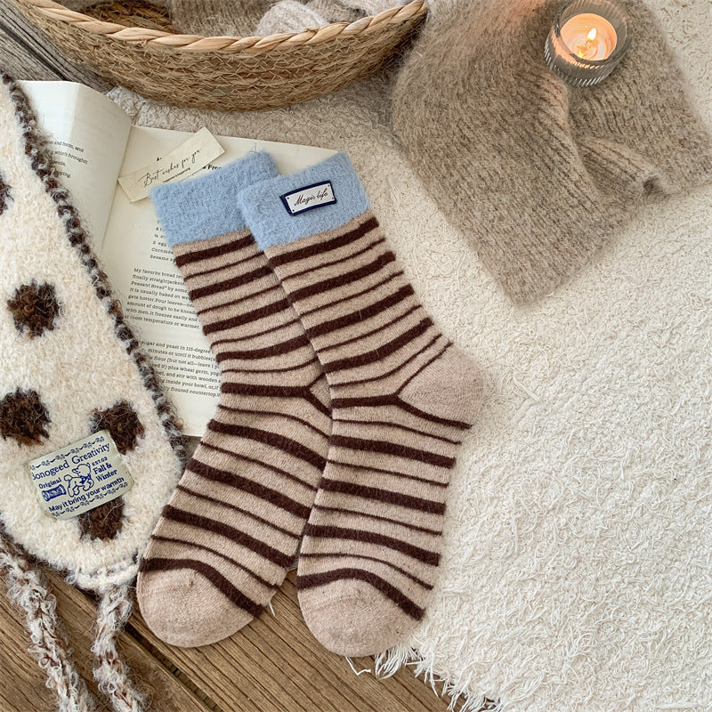 Striped Color Block Thermal Plush Crew Socks