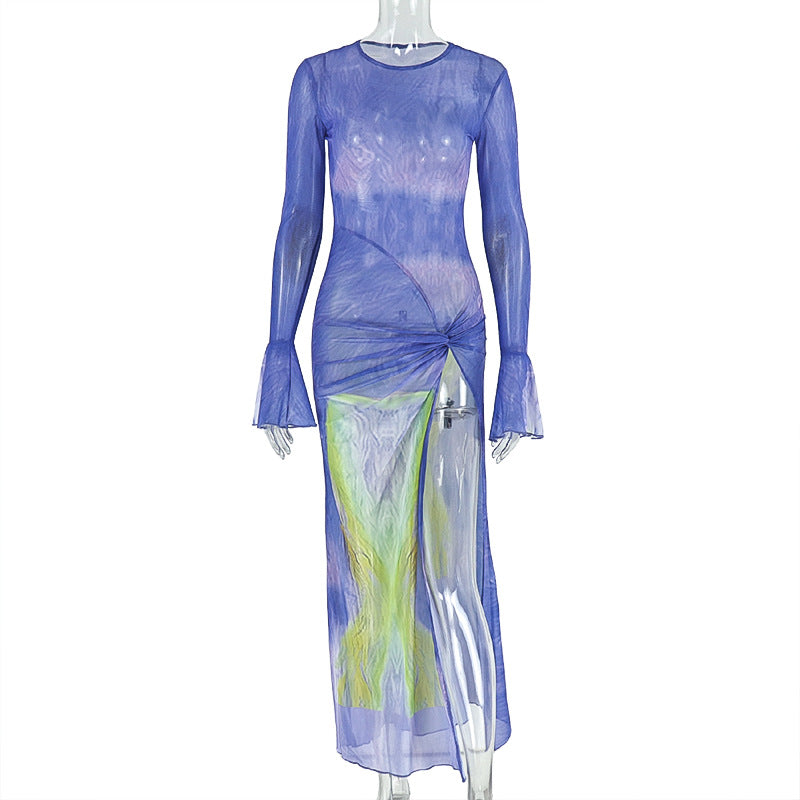 Violet Floral Mesh Split Bodycon Dress