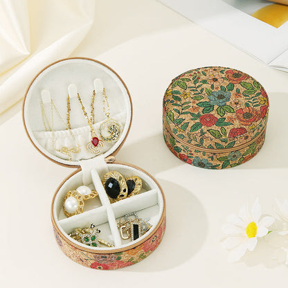 Vintage Flower Print Round Wooden Jewelry Case