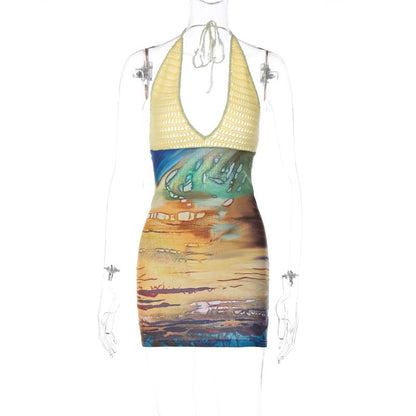 Sexy Floral Color Block V-Neck Bodycon Dress