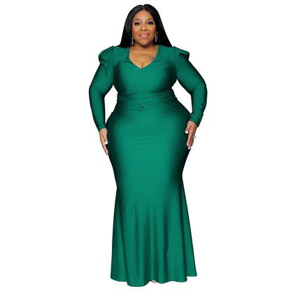 Sleek Solid Color Long Sleeve V-Neck Dress For Night Out