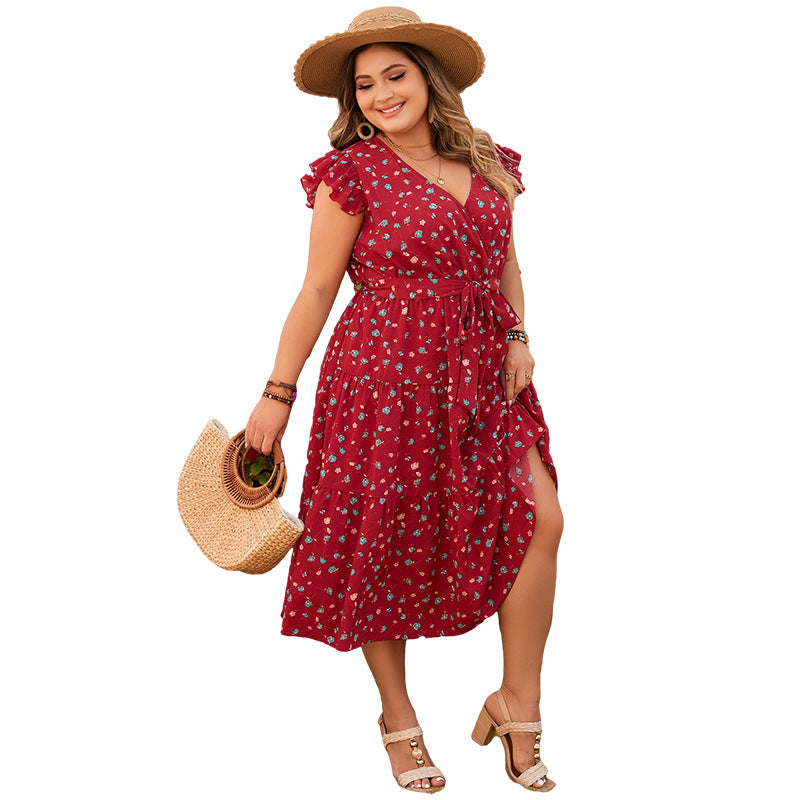 Elegant Red Floral Maxi Dress with V-Neck