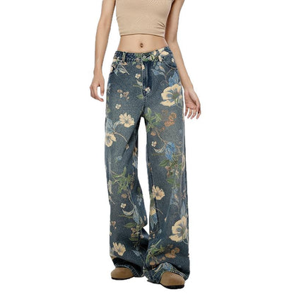 Flower Printed High Rise Wide Leg Baggy Jeans