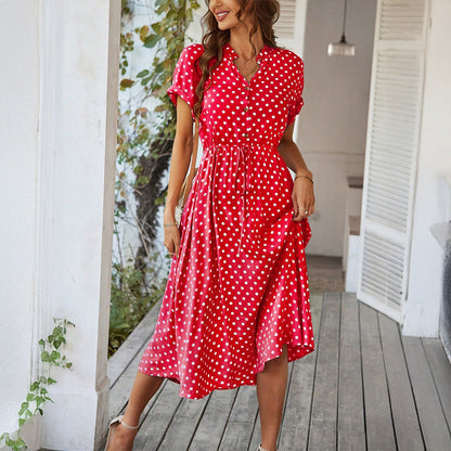 Polka Dot High-Waisted Tie Dress Casual Vacation Look