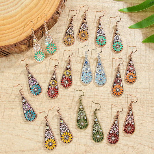 Bohemian Daisy Drop Earrings with Colorful Water Drop Design