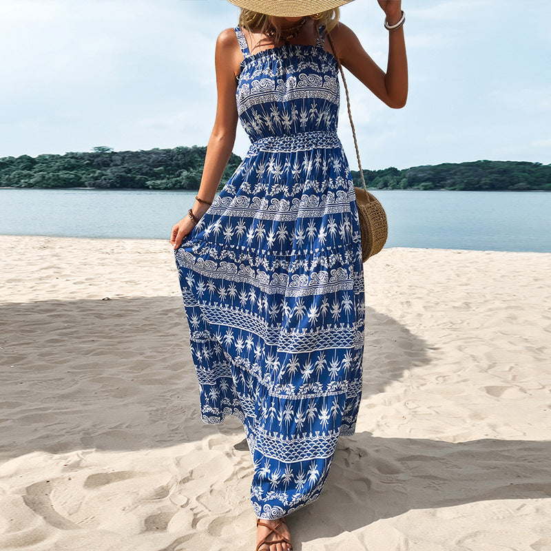 New Blue Printed Round Neck Suspender Strapless Irregular Long Skirt Women'S Dress