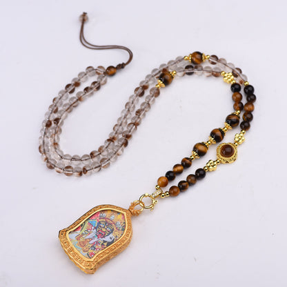 White Crystal Tiger'S Eye Stone Necklace Tibetan Style Goddess Of Wealth Zakiram Thangka Pendant Rope Girls Jewelry