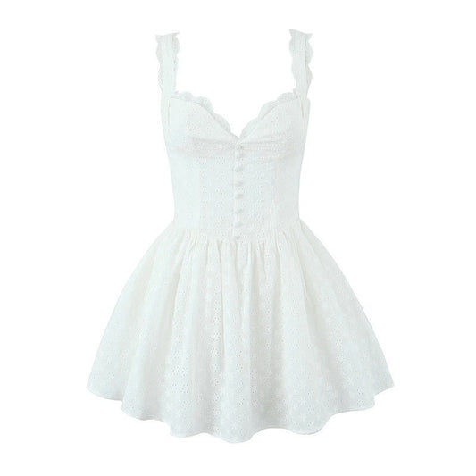 Sweet Lace Trim Straps Puff Mini Dress