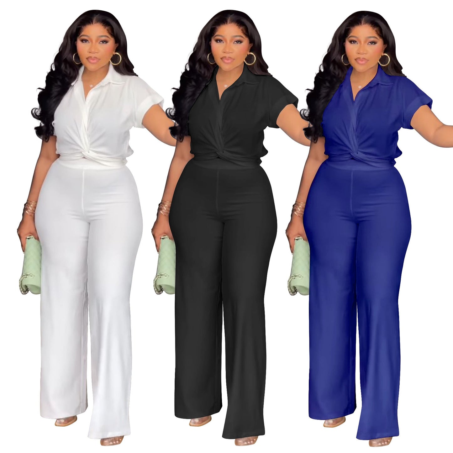 Casual Two-Piece Solid Color Short Sleeve Blouse And High Waist Pants Set