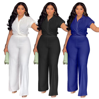 Casual Two-Piece Solid Color Short Sleeve Blouse And High Waist Pants Set
