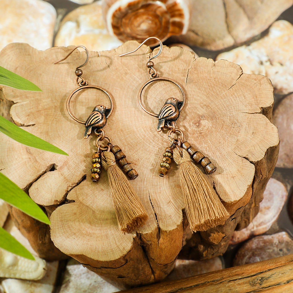 Bohemian Dreamcatcher Tassel Earrings and Wooden Necklace Set