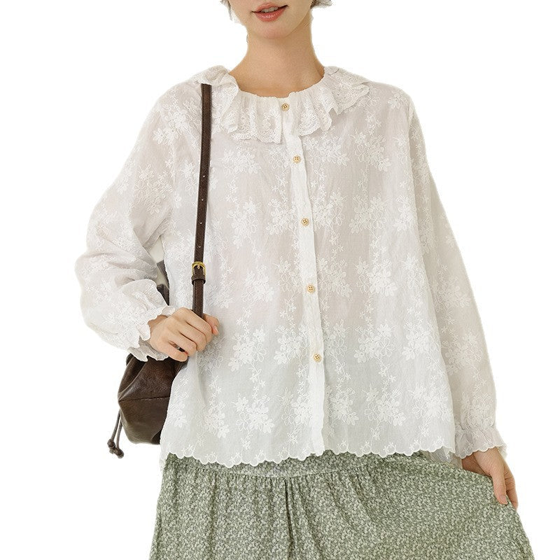 Fresh Lace Doll Collar Cotton Shirt Embroidered Casual Top