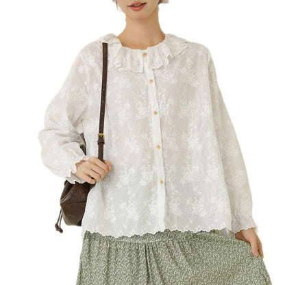 Fresh Lace Doll Collar Cotton Shirt Embroidered Casual Top